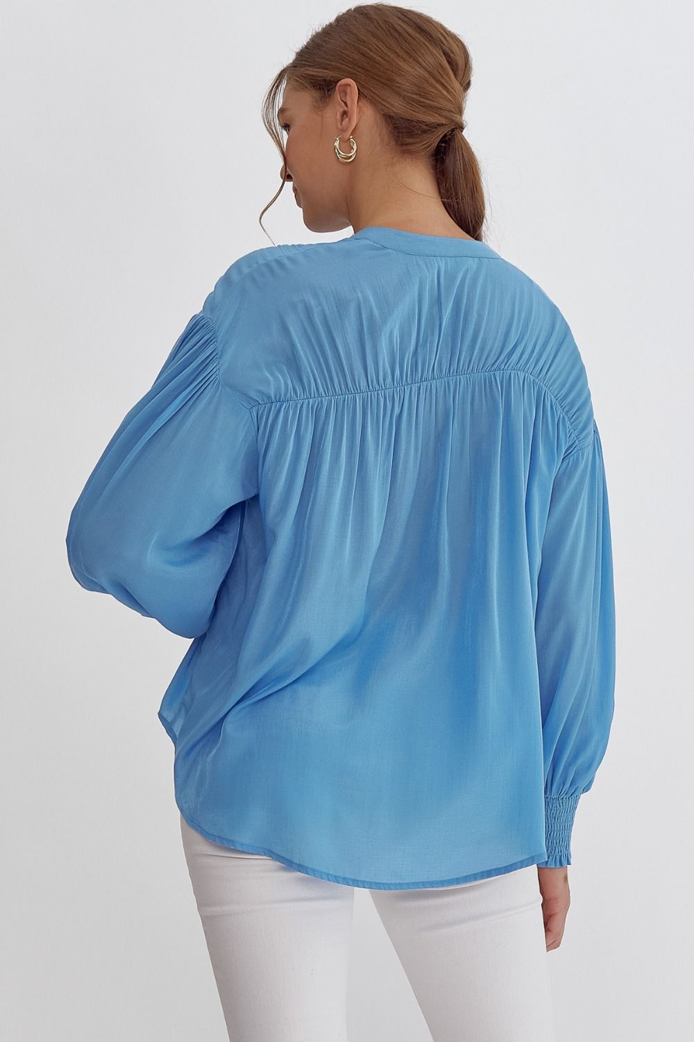 Sara Pleated Detail Long Sleeve Button Up Blouse - French Blue