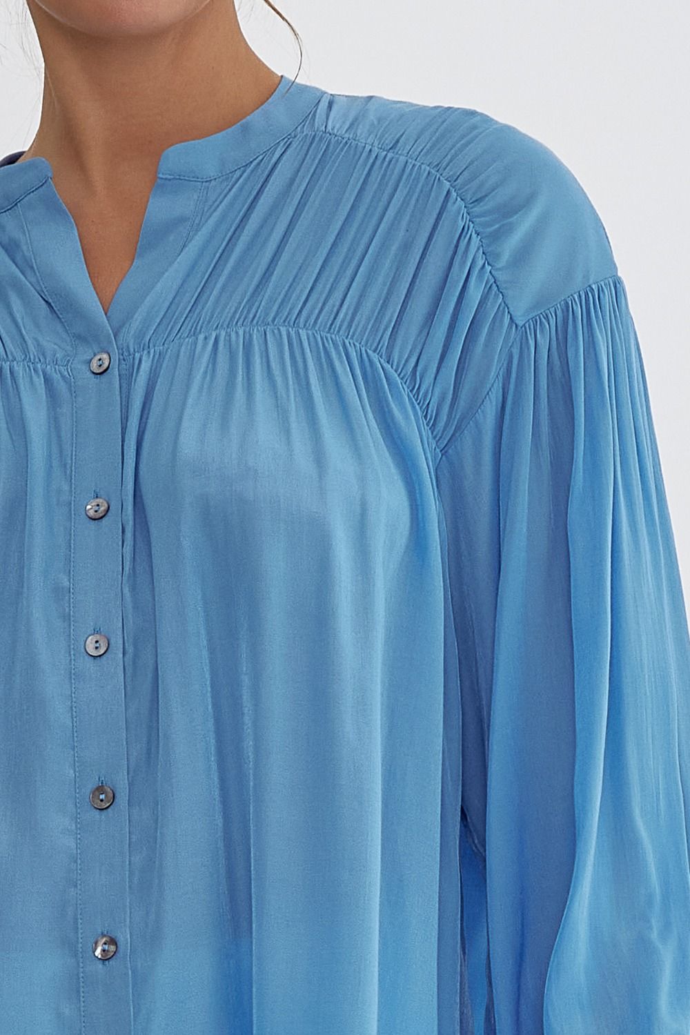Sara Pleated Detail Long Sleeve Button Up Blouse - French Blue