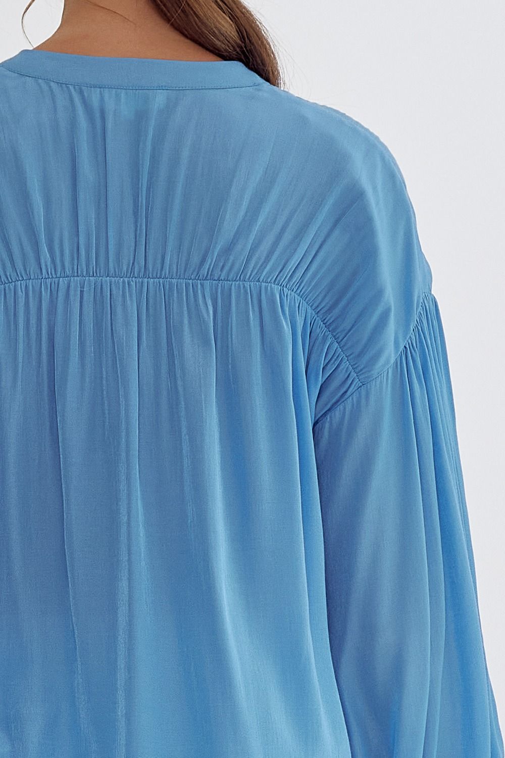 Sara Pleated Detail Long Sleeve Button Up Blouse - French Blue