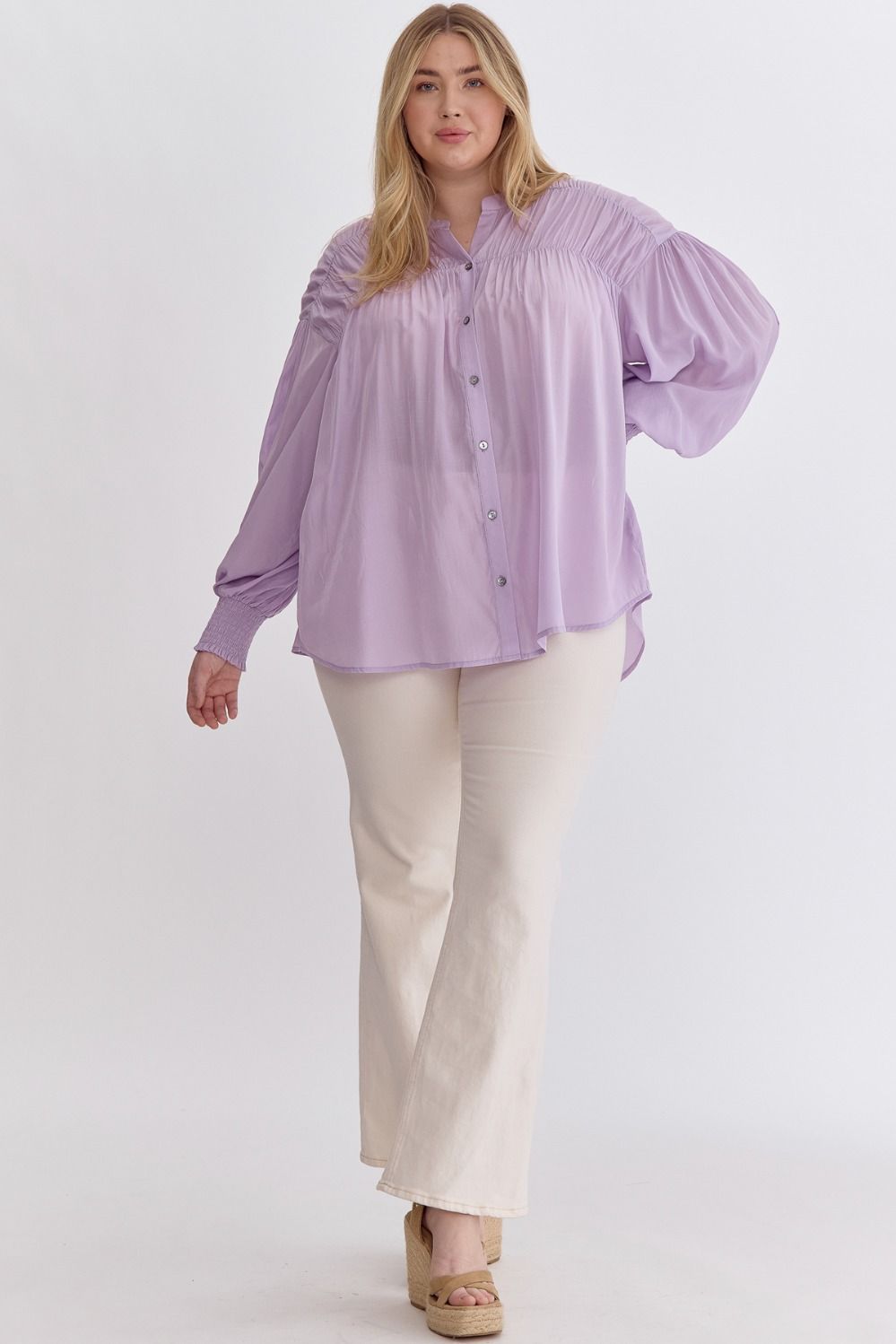 Sara Curve Pleated Detail Long Sleeve Button Up Blouse - Lavender