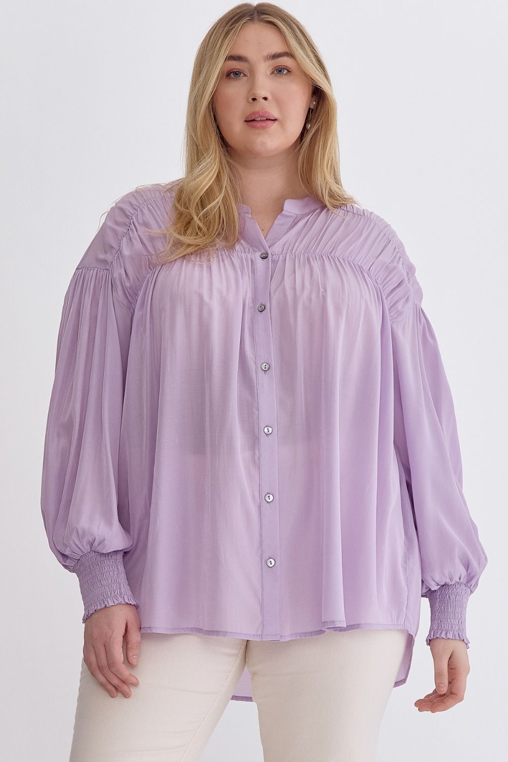 Sara Curve Pleated Detail Long Sleeve Button Up Blouse - Lavender