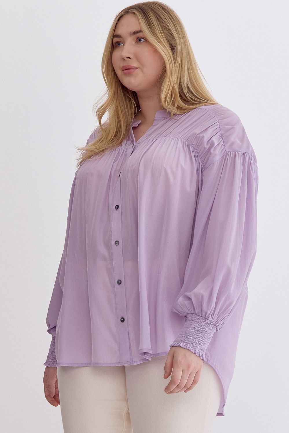 Sara Curve Pleated Detail Long Sleeve Button Up Blouse - Lavender