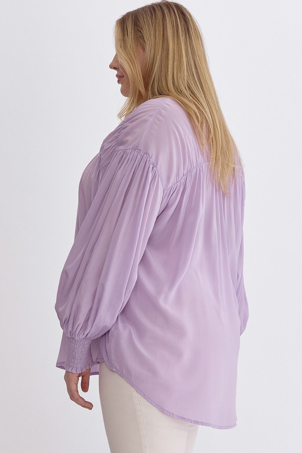Sara Curve Pleated Detail Long Sleeve Button Up Blouse - Lavender