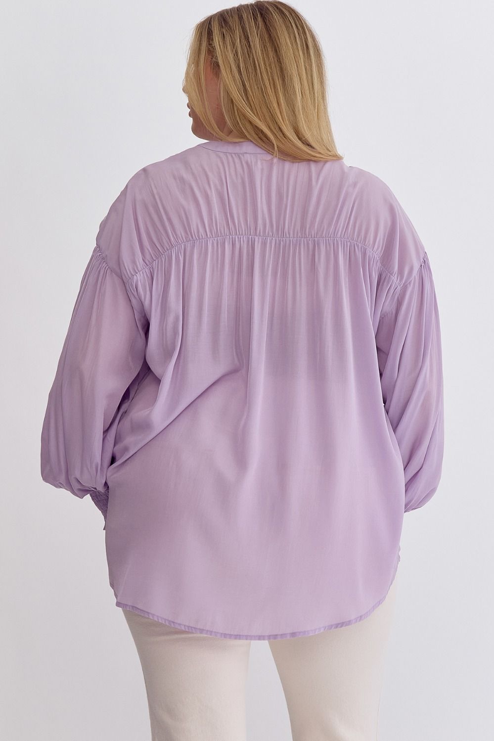 Sara Curve Pleated Detail Long Sleeve Button Up Blouse - Lavender