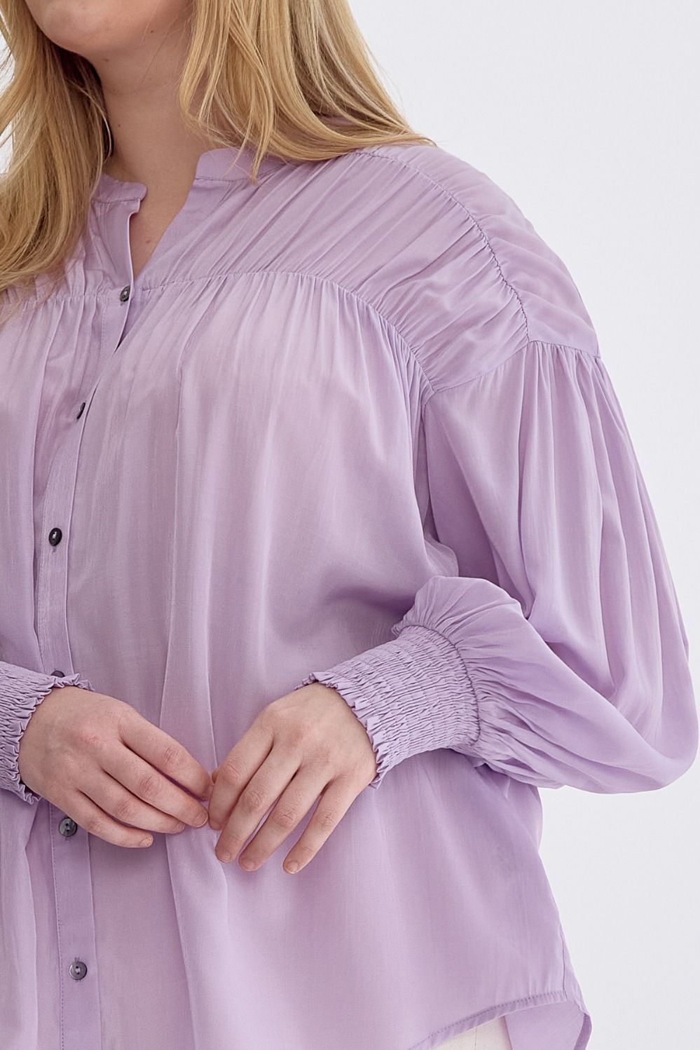 Sara Curve Pleated Detail Long Sleeve Button Up Blouse - Lavender