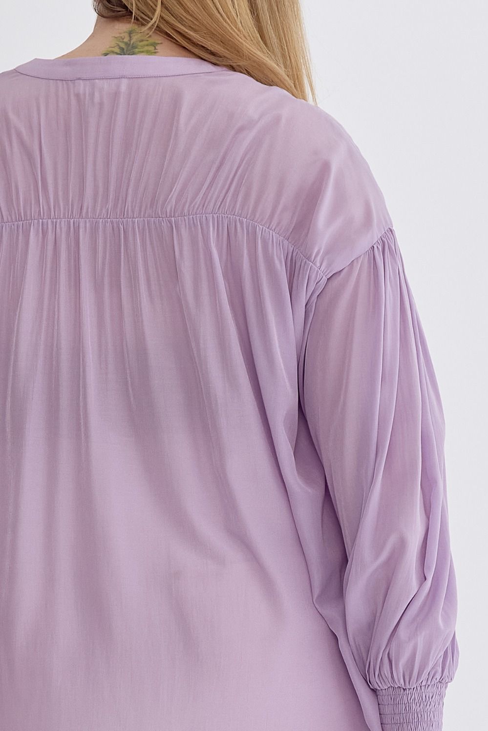 Sara Curve Pleated Detail Long Sleeve Button Up Blouse - Lavender