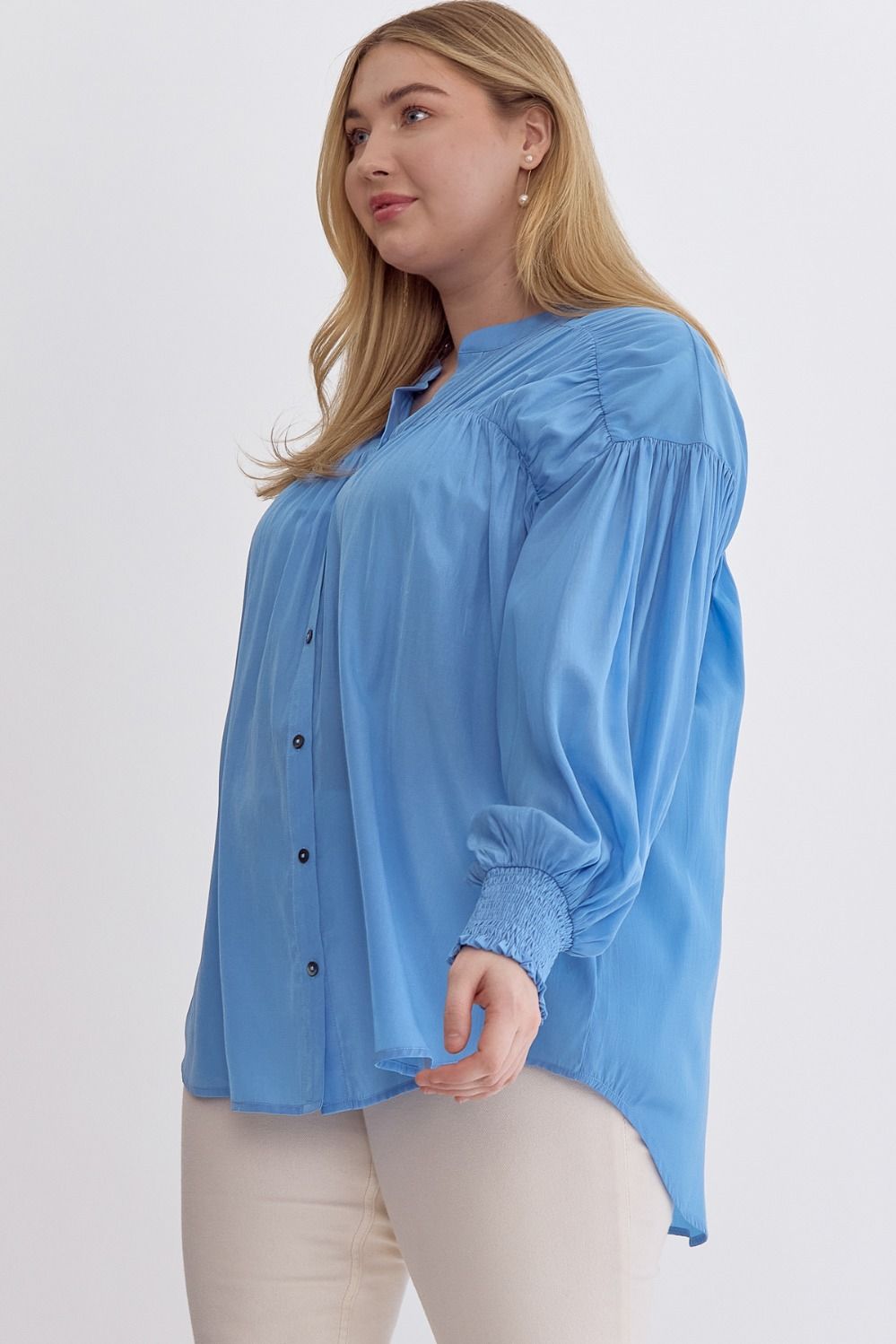 Sara Curve Pleated Detail Long Sleeve Button Up Blouse - French Blue