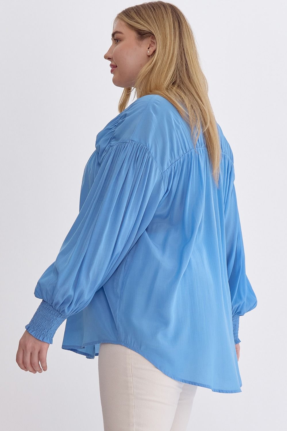Sara Curve Pleated Detail Long Sleeve Button Up Blouse - French Blue