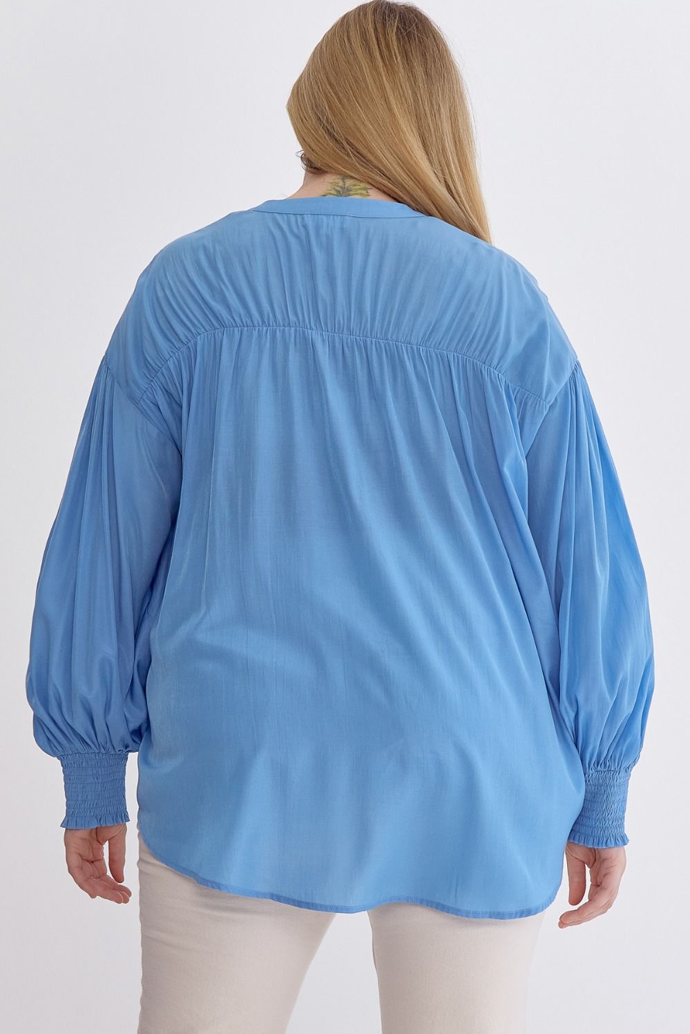 Sara Curve Pleated Detail Long Sleeve Button Up Blouse - French Blue