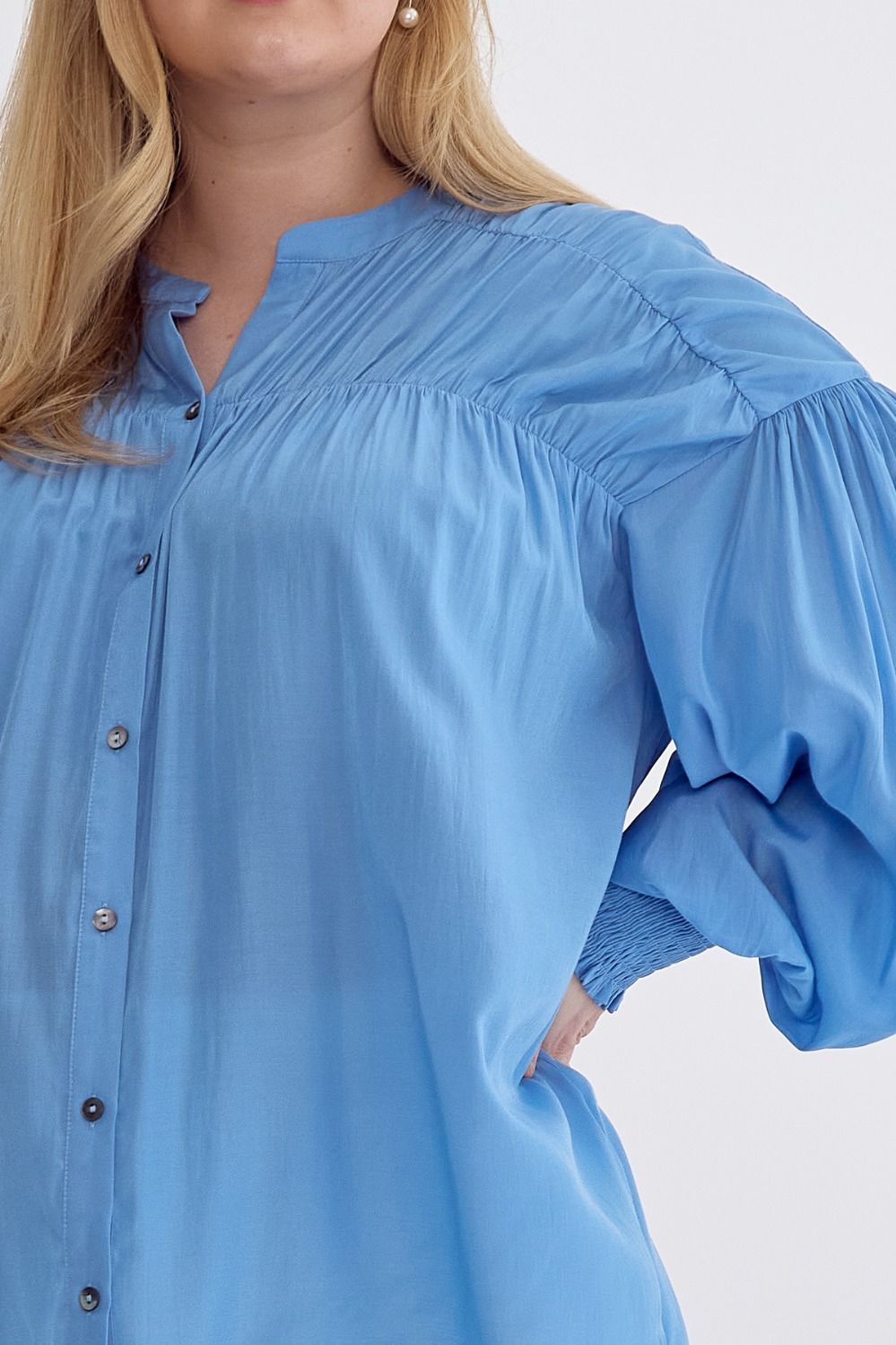 Sara Curve Pleated Detail Long Sleeve Button Up Blouse - French Blue