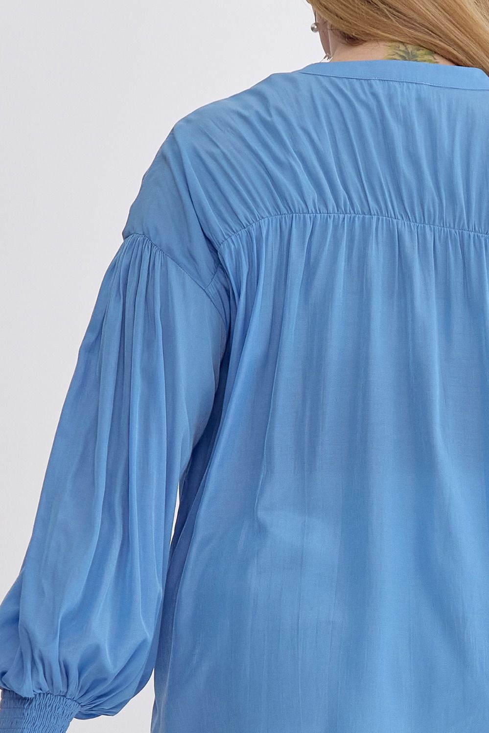 Sara Curve Pleated Detail Long Sleeve Button Up Blouse - French Blue