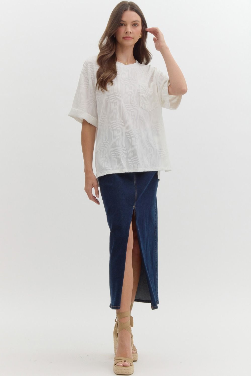 Wave Textured Short Sleeve Top - White