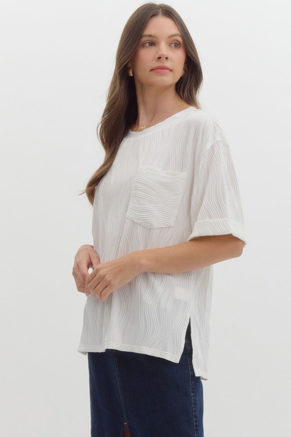 Wave Textured Short Sleeve Top - White