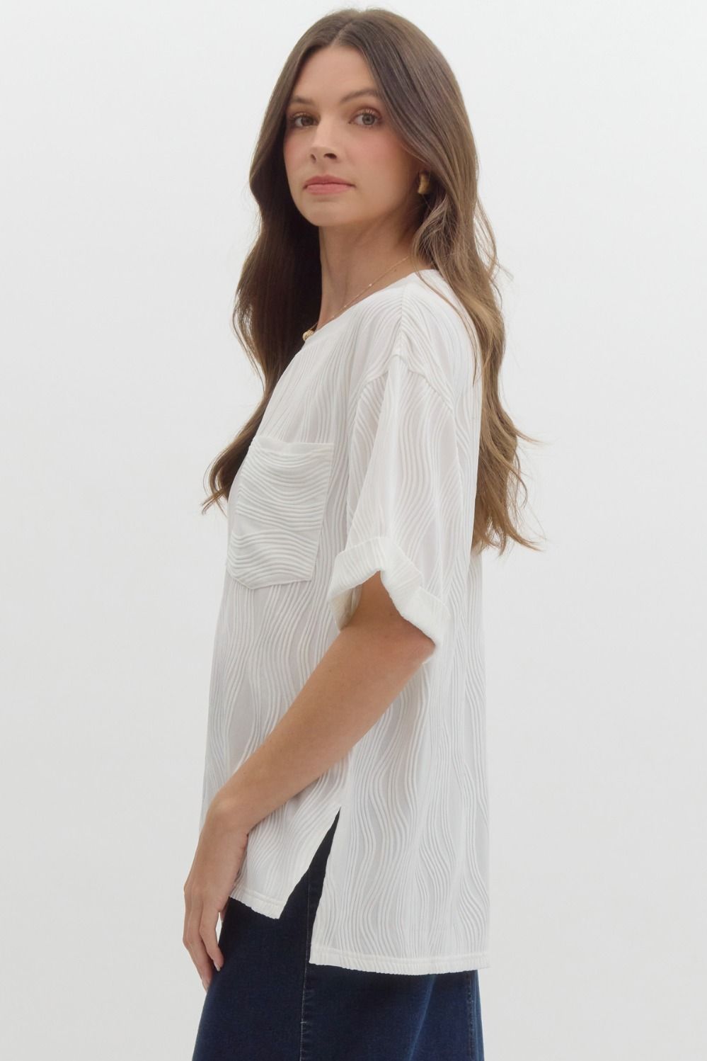 Wave Textured Short Sleeve Top - White
