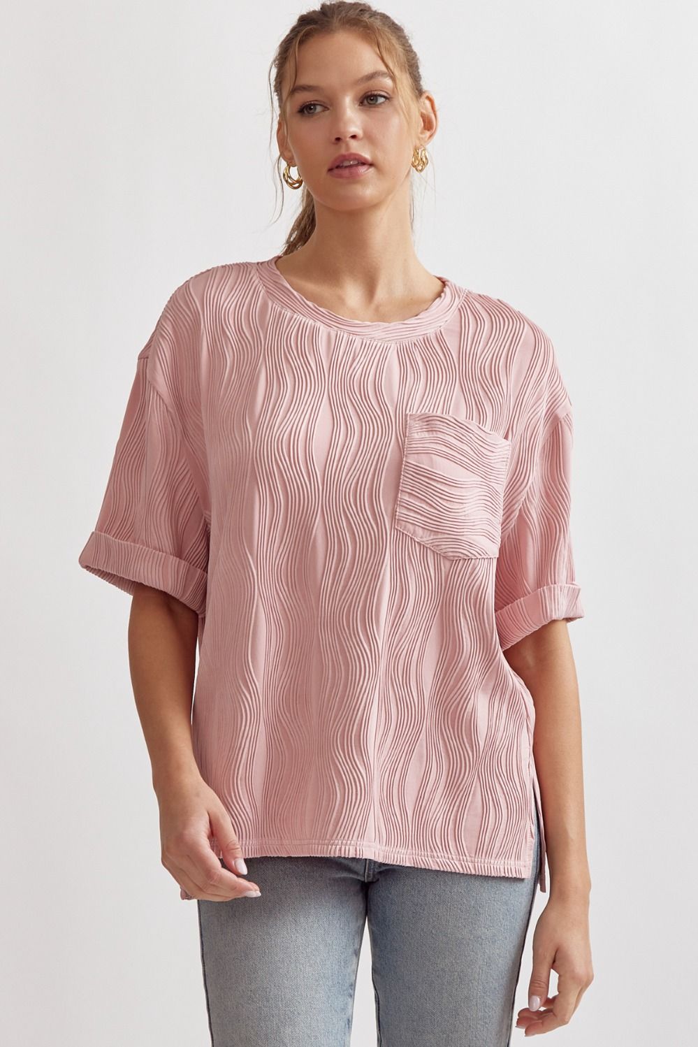 Caroline Wave Textured Short Sleeve Top - Blush Pink