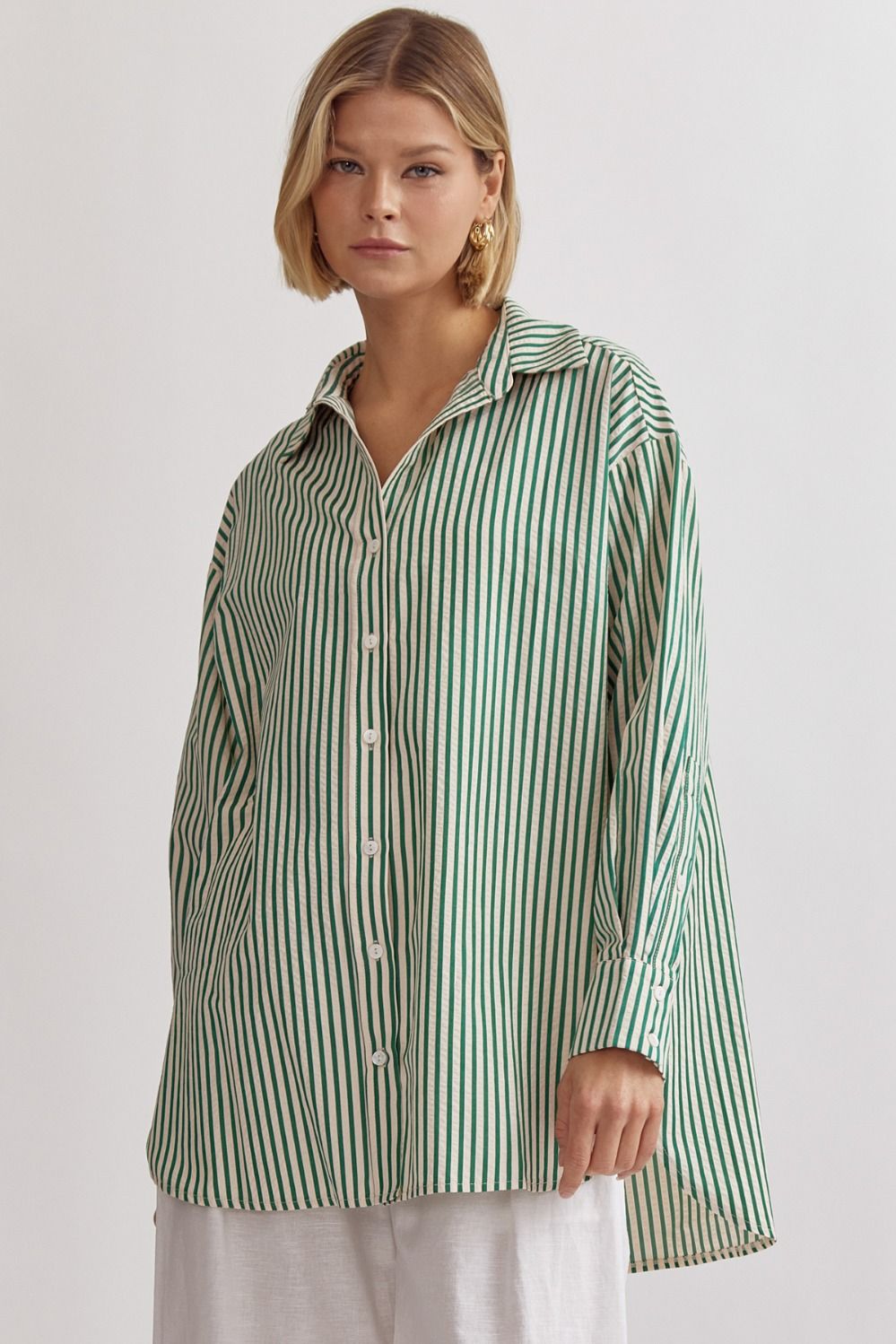Dianna Classic Stripe Long Sleeve Collared Button Up Blouse - Green