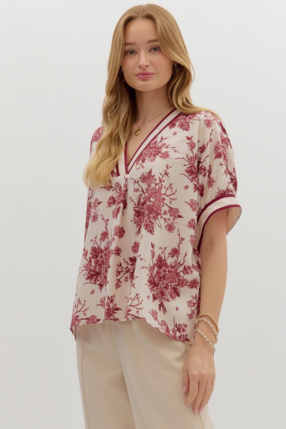 Benson Floral Print Banded Stripe Oversized Dolman Blouse - Cream Burgundy
