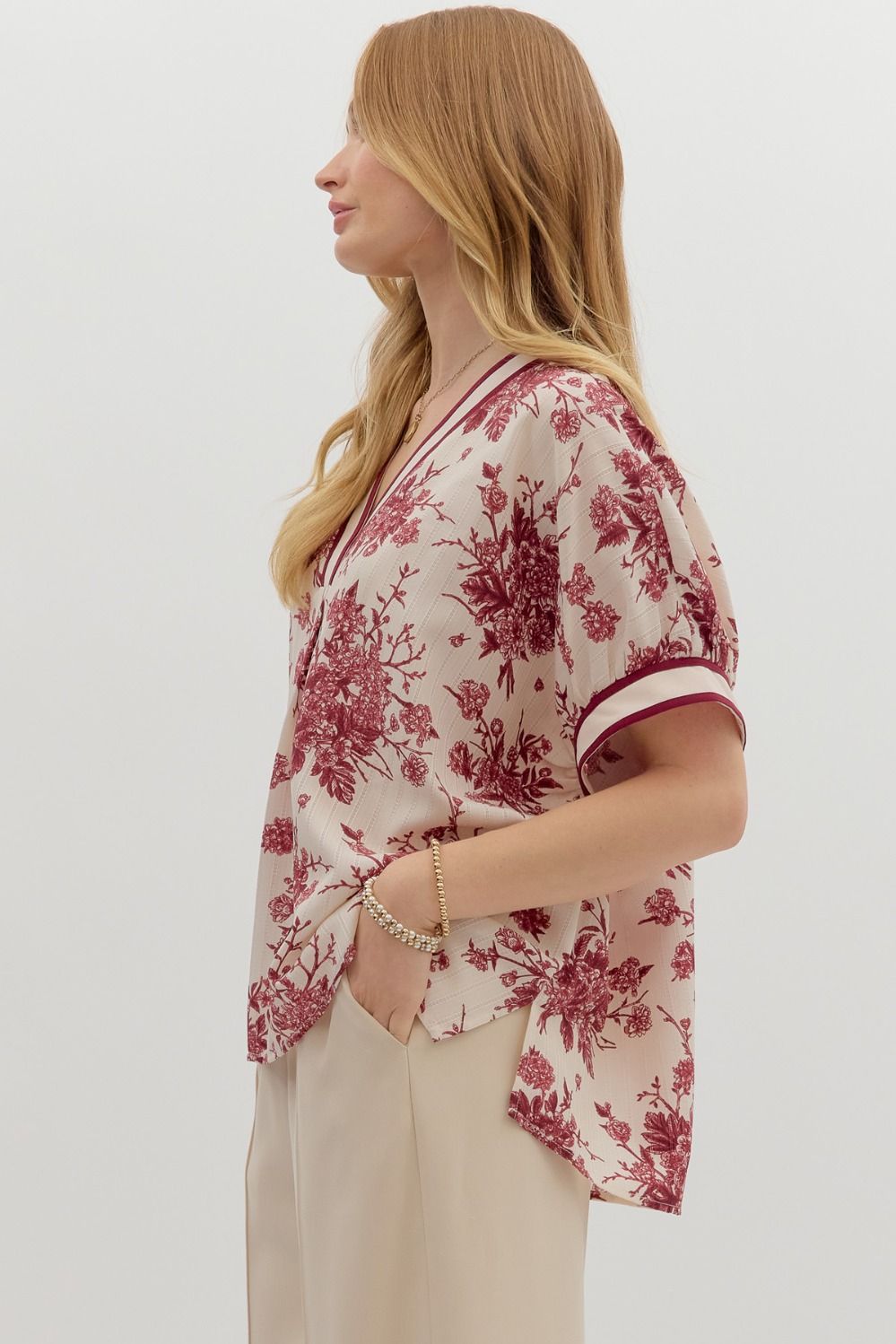 Benson Floral Print Banded Stripe Oversized Dolman Blouse - Cream Burgundy