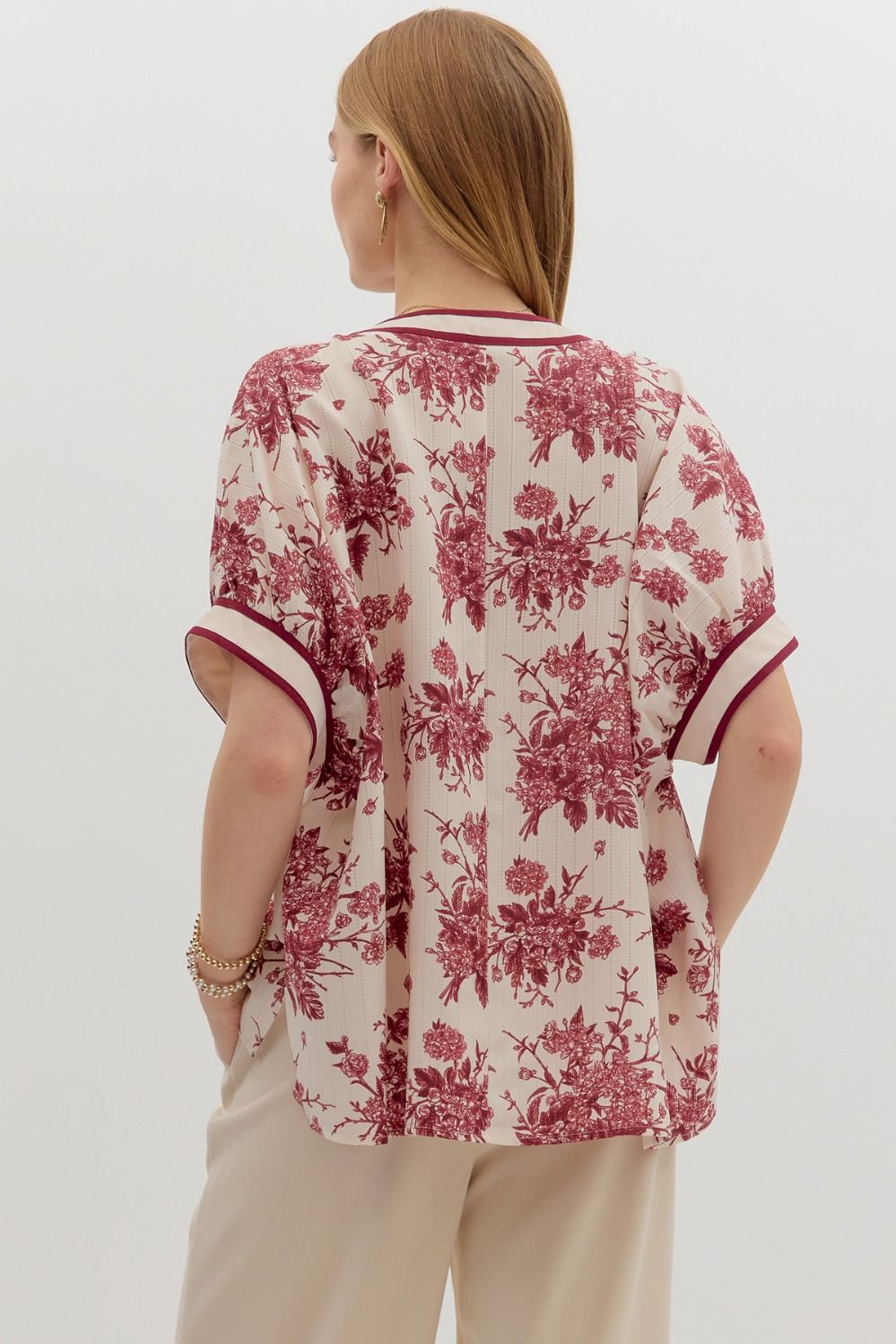Benson Floral Print Banded Stripe Oversized Dolman Blouse - Cream Burgundy