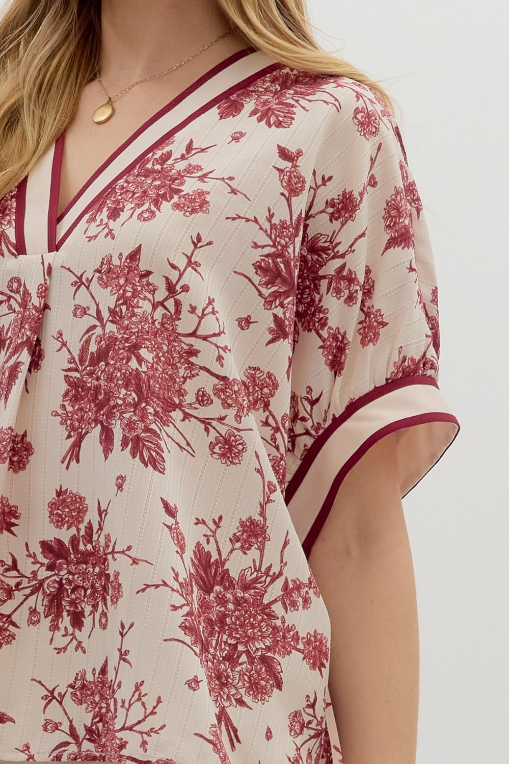 Benson Floral Print Banded Stripe Oversized Dolman Blouse - Cream Burgundy