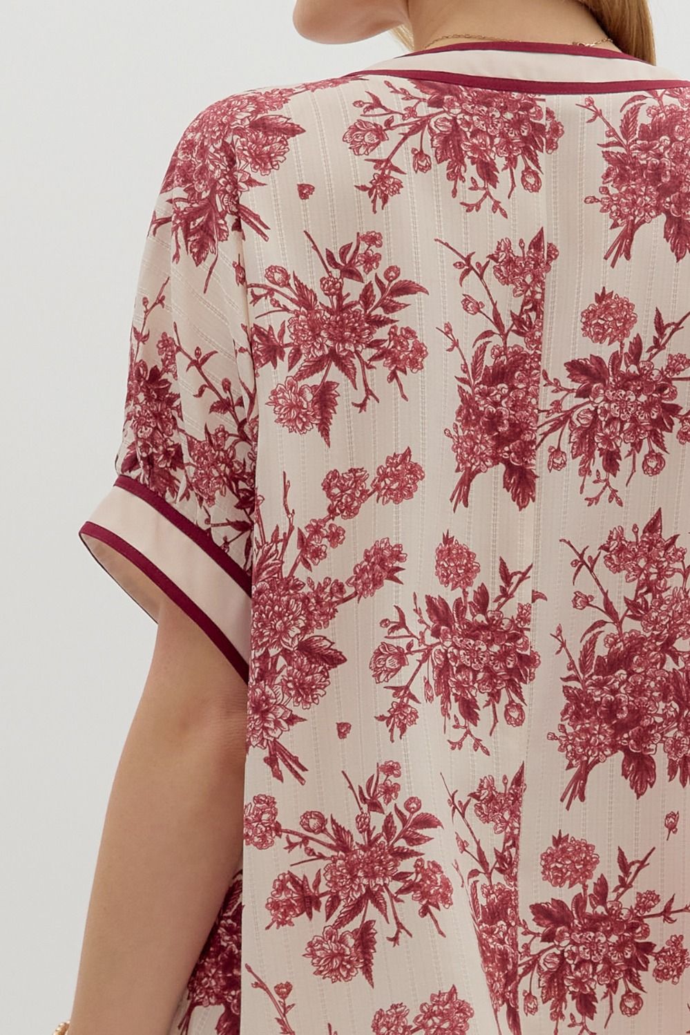 Benson Floral Print Banded Stripe Oversized Dolman Blouse - Cream Burgundy