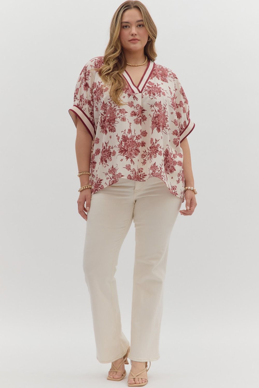 Benson Curve Floral Print Banded Stripe Oversized Dolman Blouse - Cream Burgundy