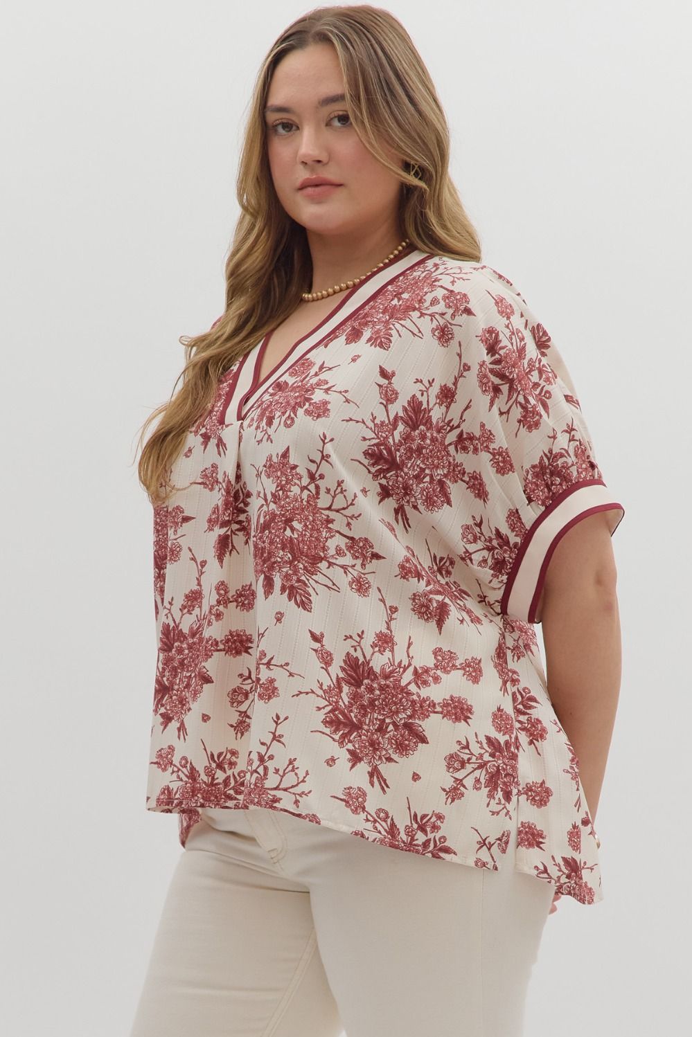 Benson Curve Floral Print Banded Stripe Oversized Dolman Blouse - Cream Burgundy