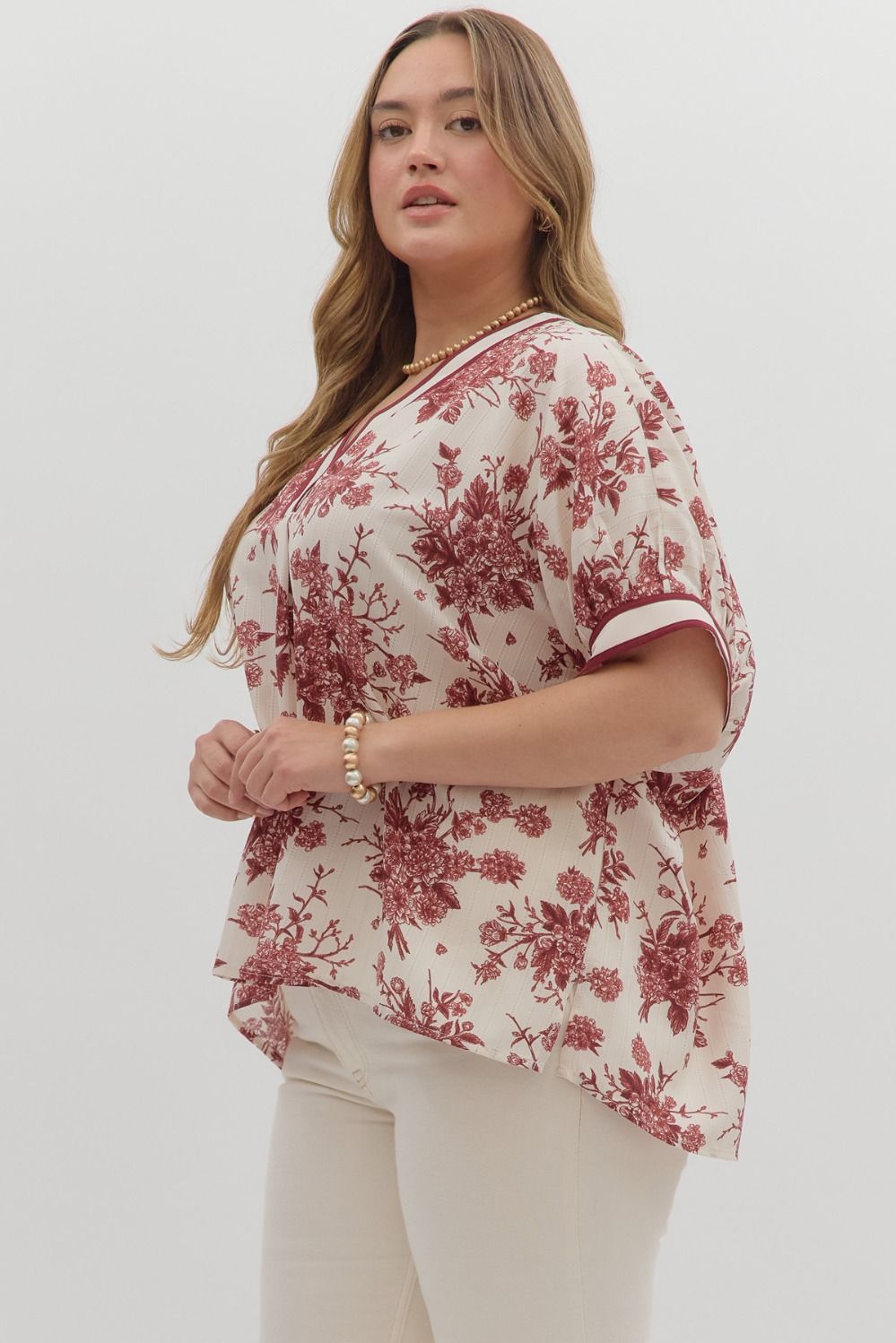 Benson Curve Floral Print Banded Stripe Oversized Dolman Blouse - Cream Burgundy