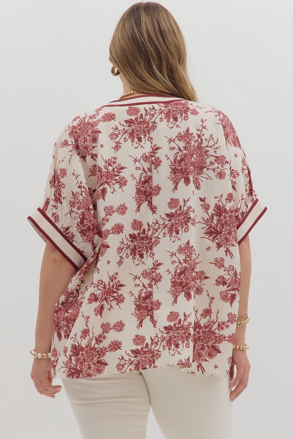 Benson Curve Floral Print Banded Stripe Oversized Dolman Blouse - Cream Burgundy