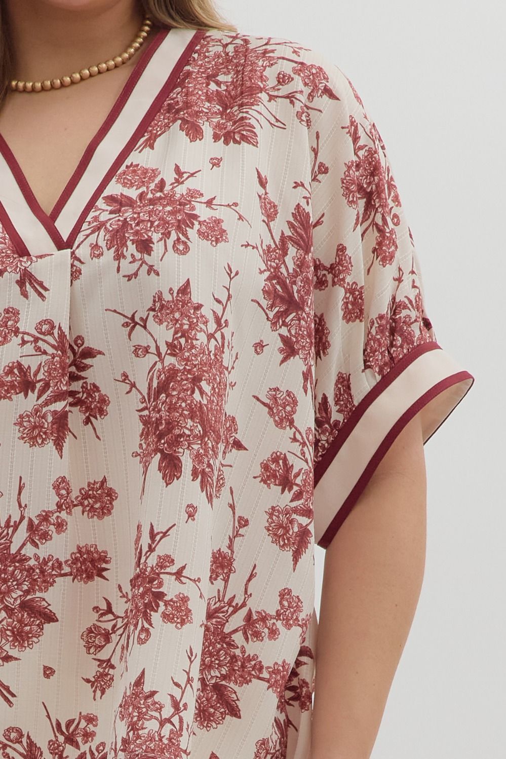Benson Curve Floral Print Banded Stripe Oversized Dolman Blouse - Cream Burgundy