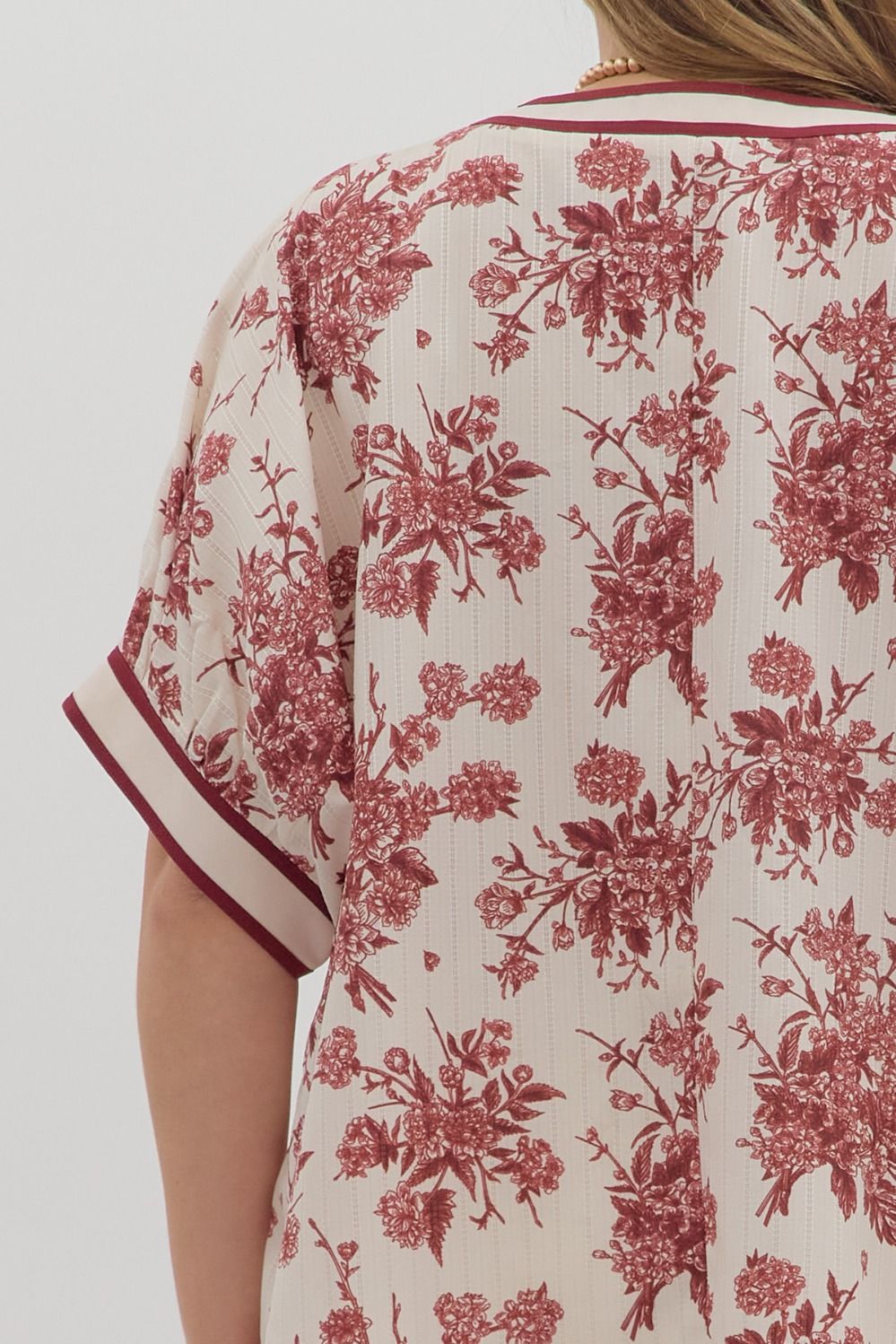 Benson Curve Floral Print Banded Stripe Oversized Dolman Blouse - Cream Burgundy