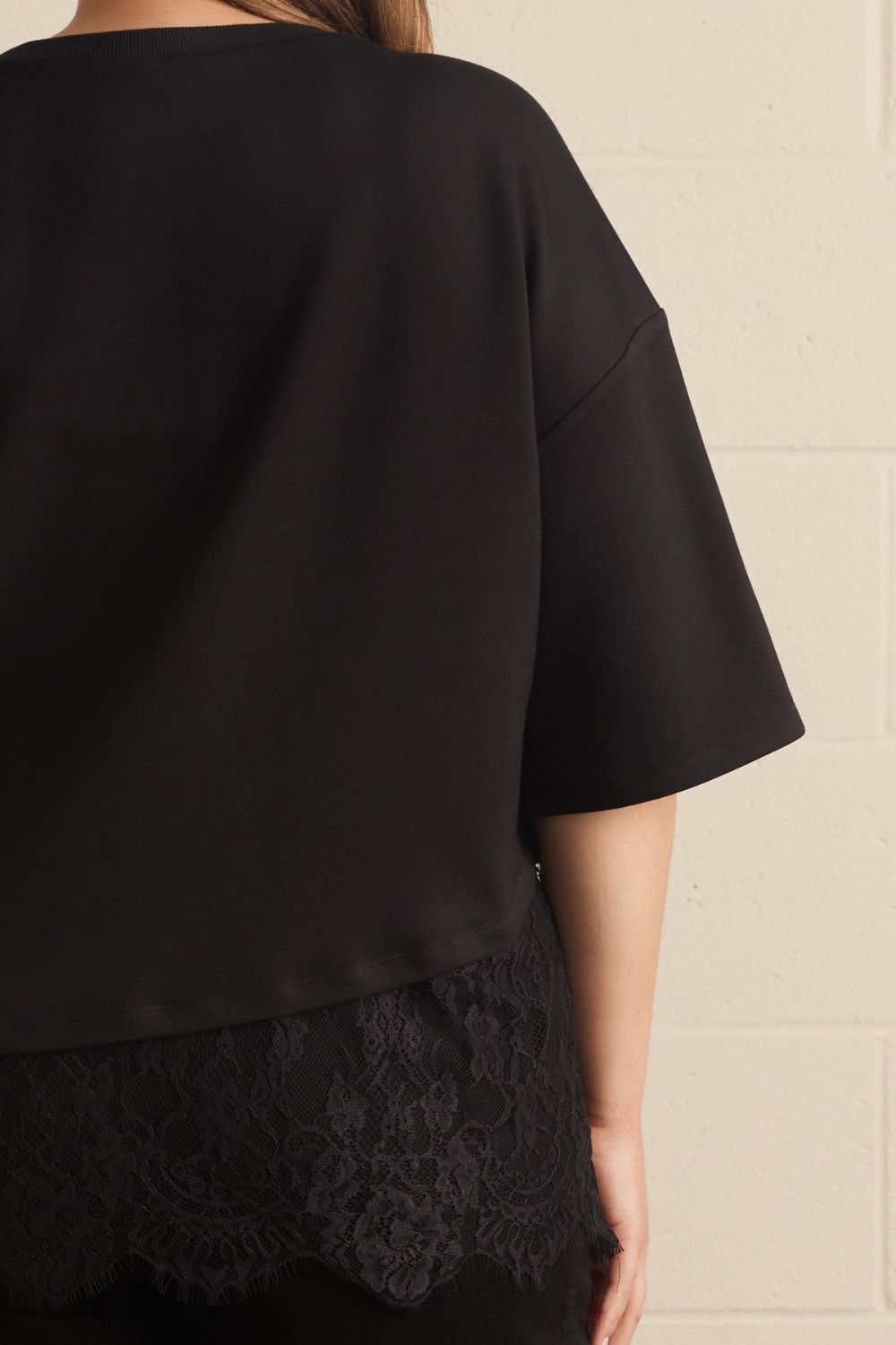 Paloma Curve Oversized Short Sleeve Tee Asymmetrical Lace Trim - Black