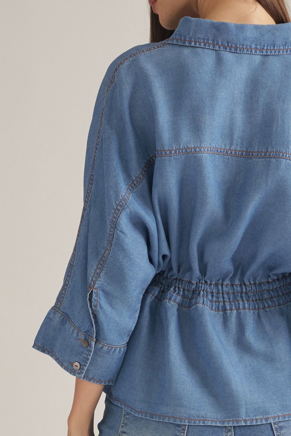 Prescott Chambray 3/4 Sleeve Tie Waist Collared Blouse - Dark Denim
