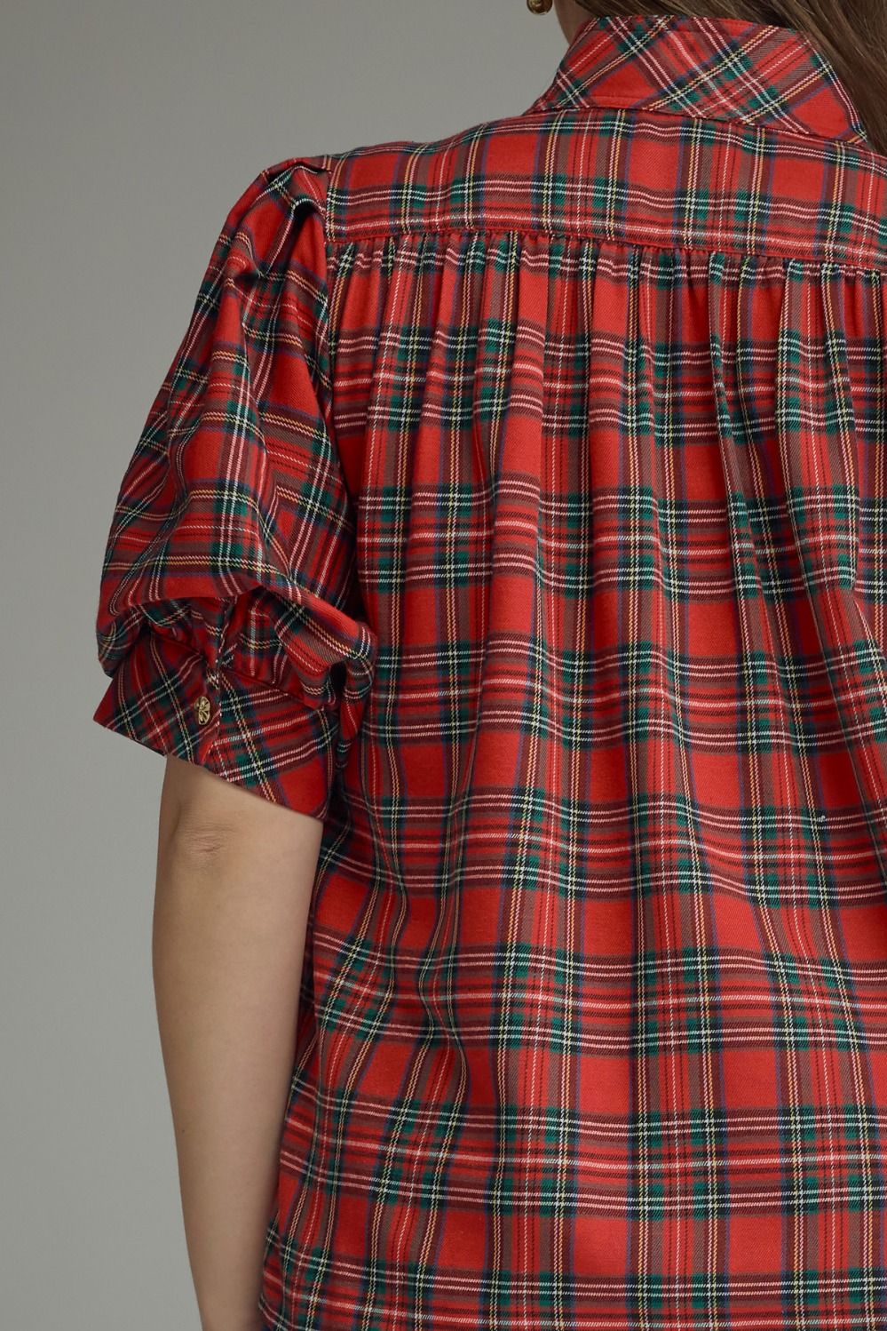 Millie Curve Holiday Plaid Puff Sleeve Blouse - Red Multi