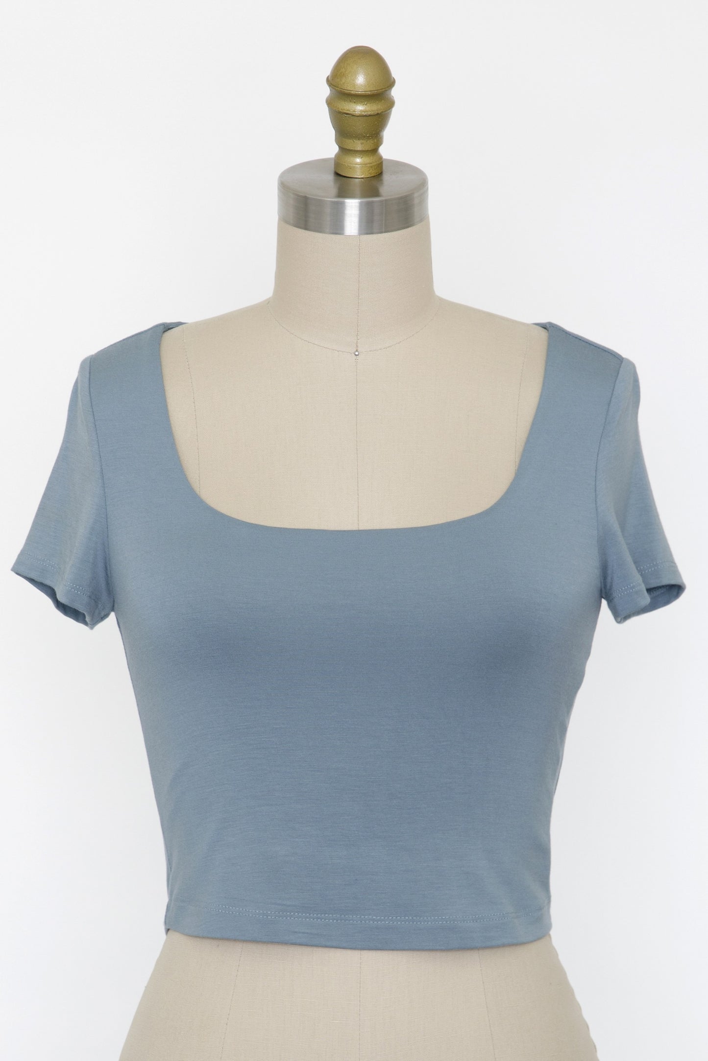 Final Touch Double Layer Square Neckline Crop Short Sleeve Knit - Ash Blue