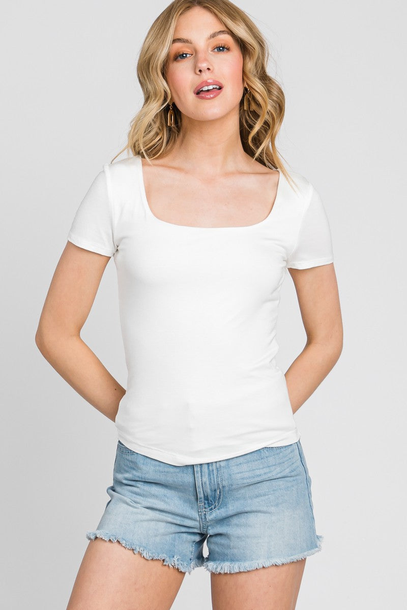 Final Touch Double Layer Square Neck Short Sleeve Knit Top - White