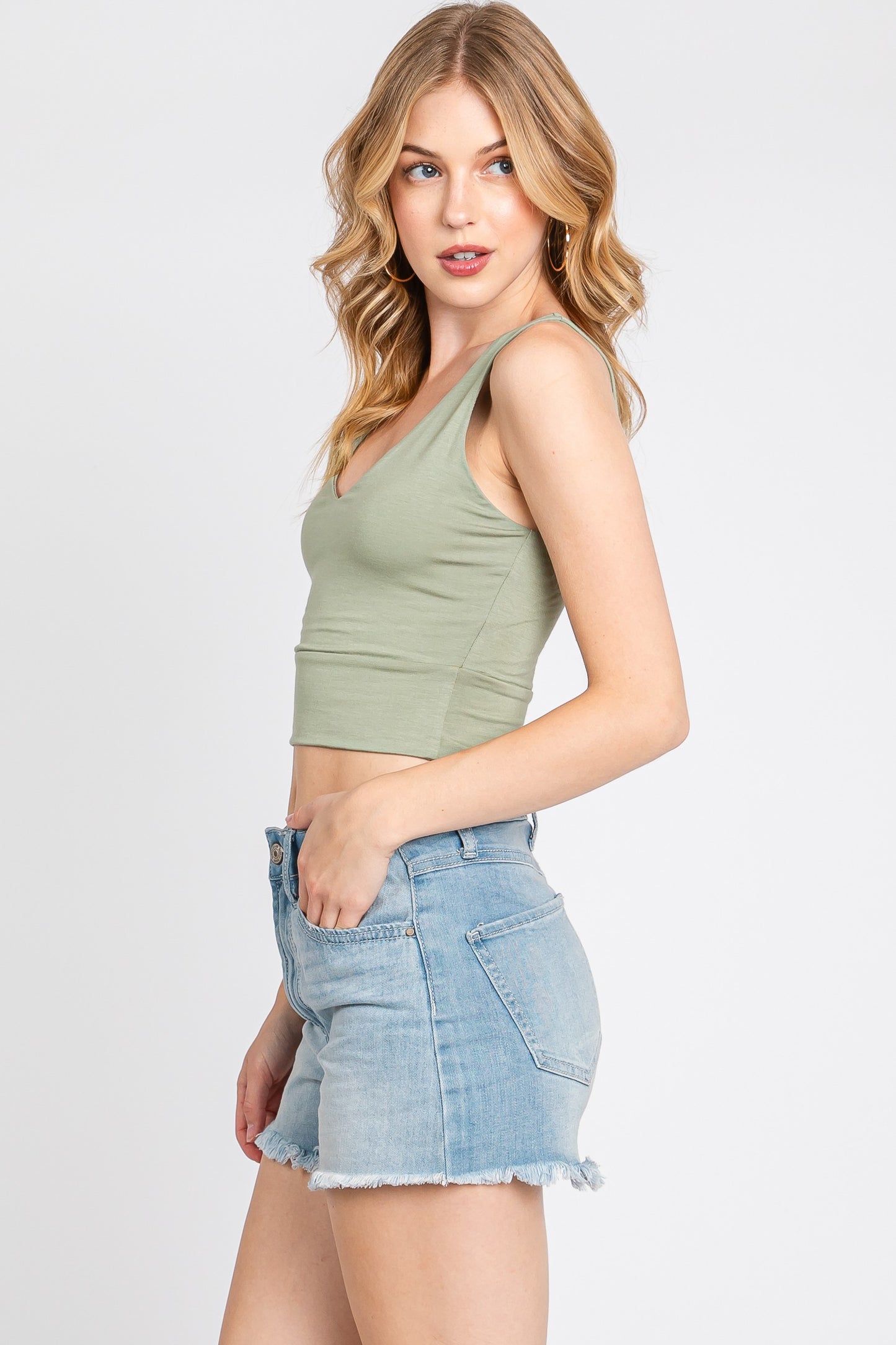 Final Touch Double Layer V-Neck Crop Knit Tank - Fern Green