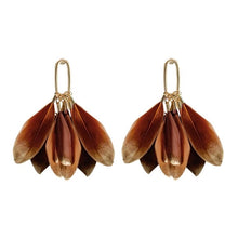 Load image into Gallery viewer, Caramel Gold Dipped Feather Statement Earrings
