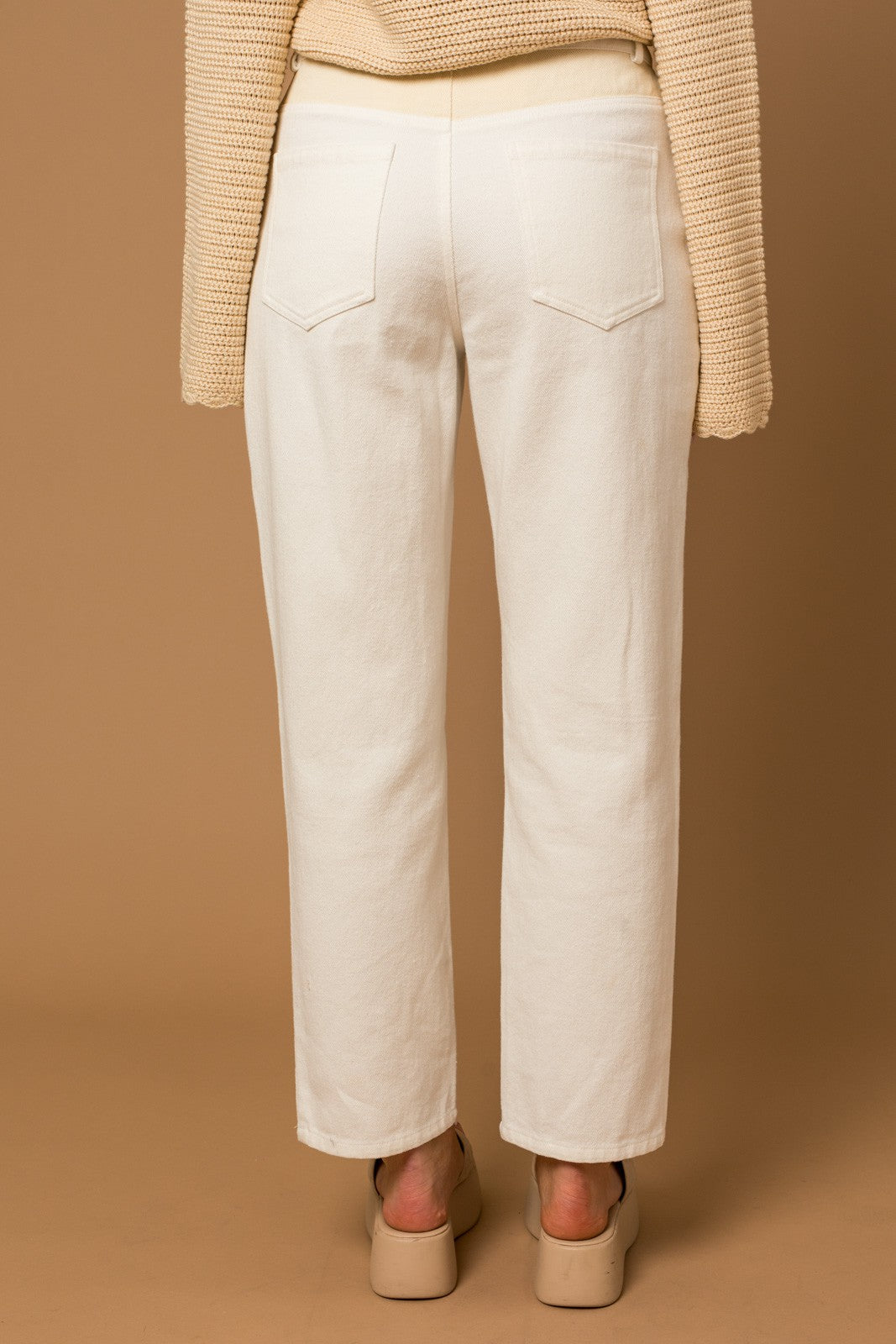 Lane High Waisted Color Block Twill Pants - White, Tan
