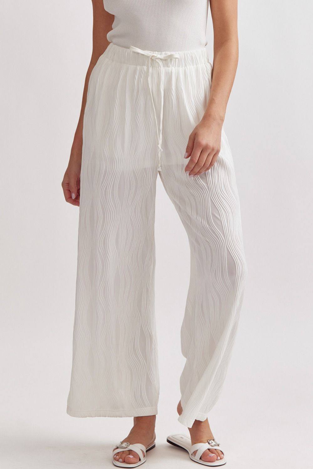 Caroline Wave Textured Drawstring Pants - White