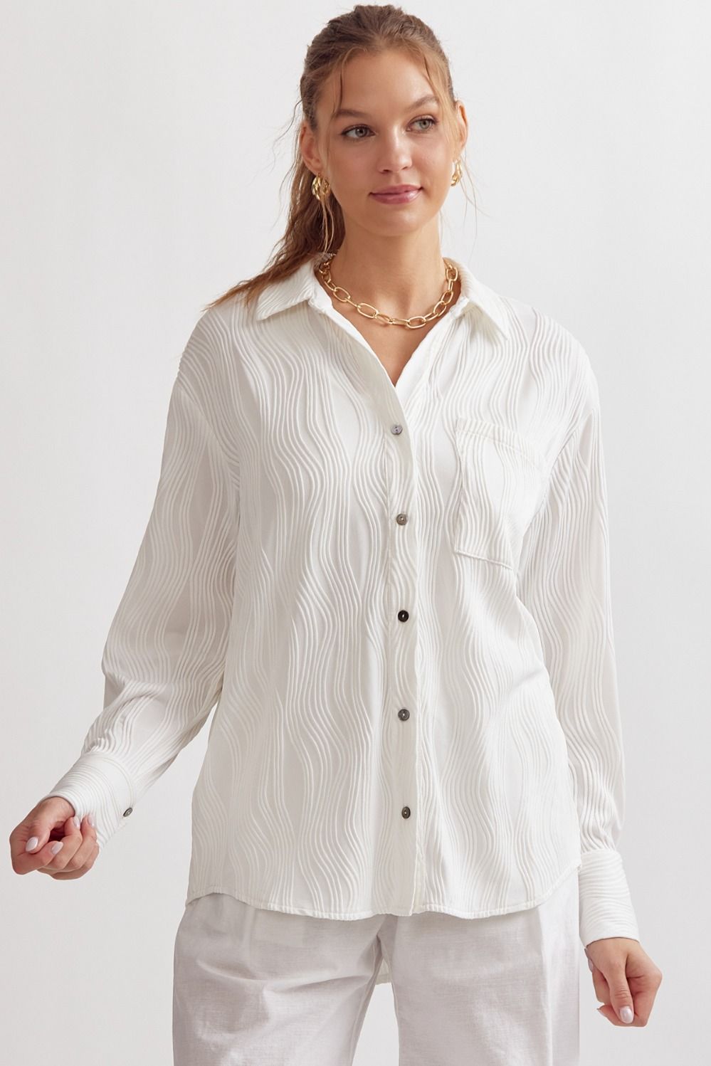 Caroline Long Sleeve Wave Textured Button Up Blouse - White