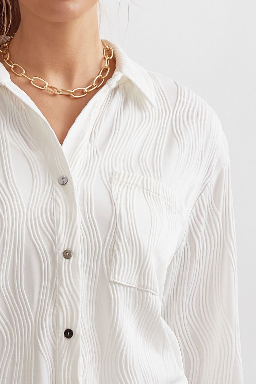 Caroline Long Sleeve Wave Textured Button Up Blouse - White