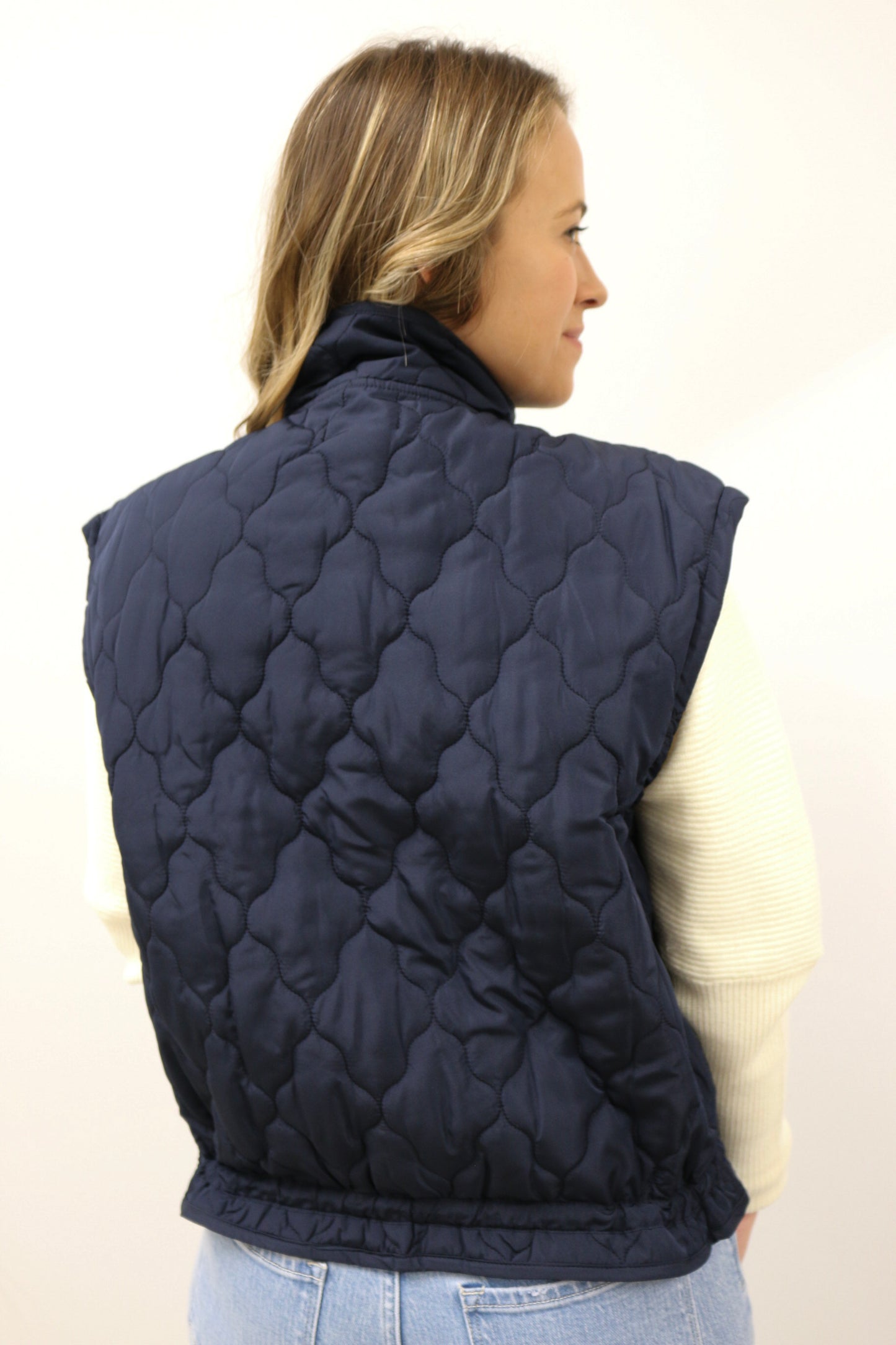 Aven Tie Detail Snap Button Down Quilted Puffer Vest – Navy Blue