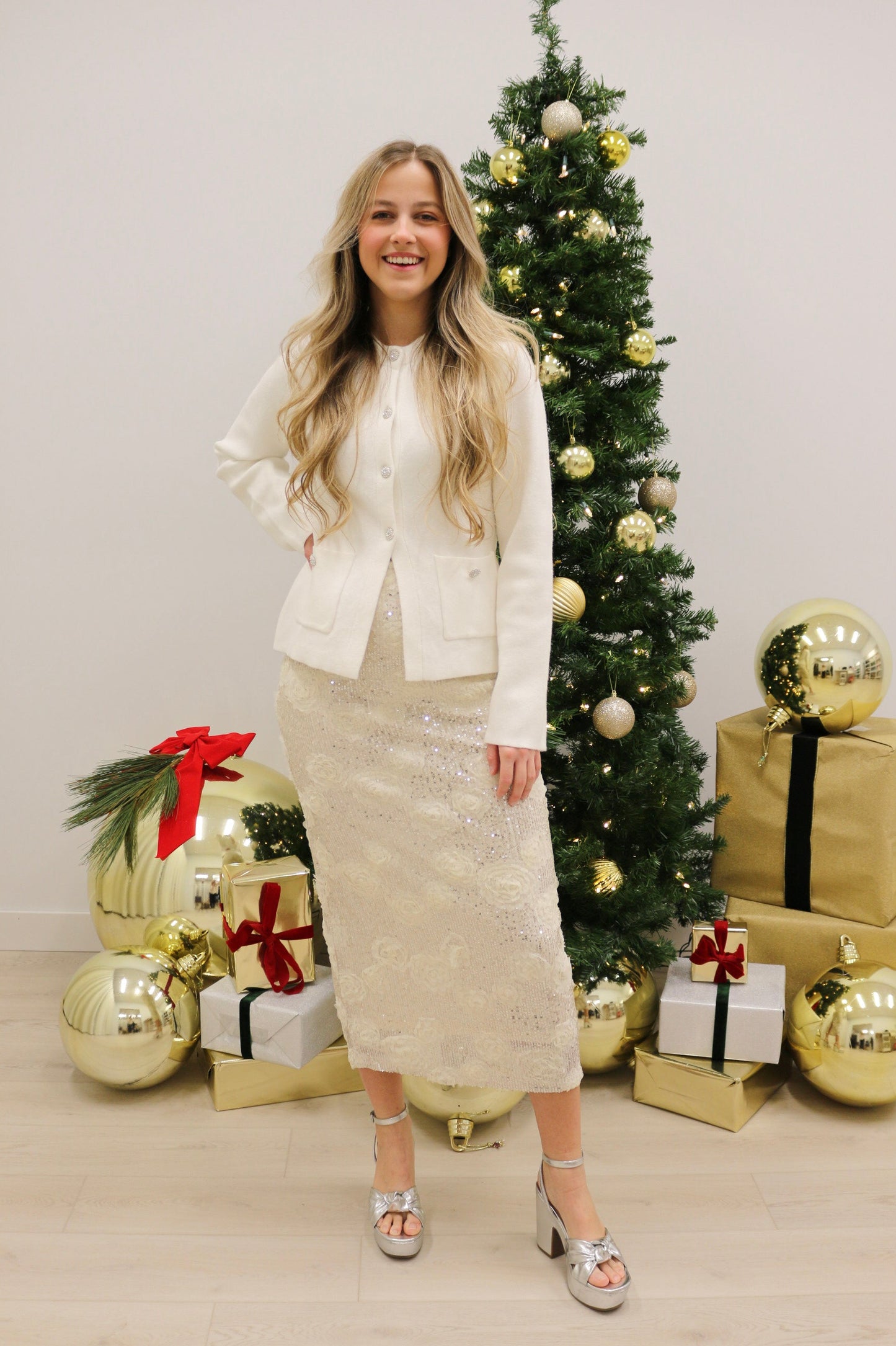 Bardot Knit Jewel Button Down Cardigan Jacket – Winter White