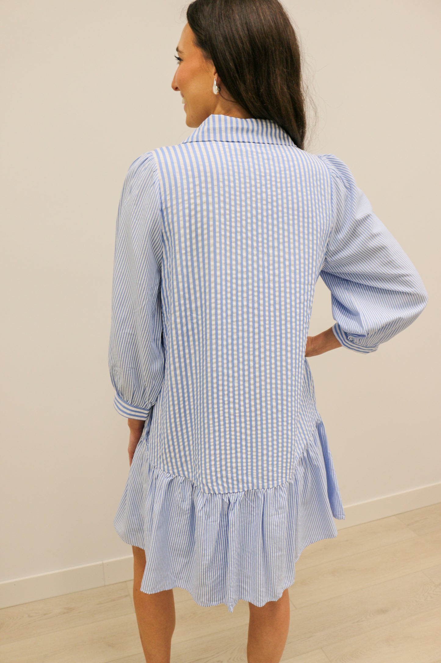 Marybeth Multi Stripe 3/4 Sleeve Collared Mini Dress - Blue