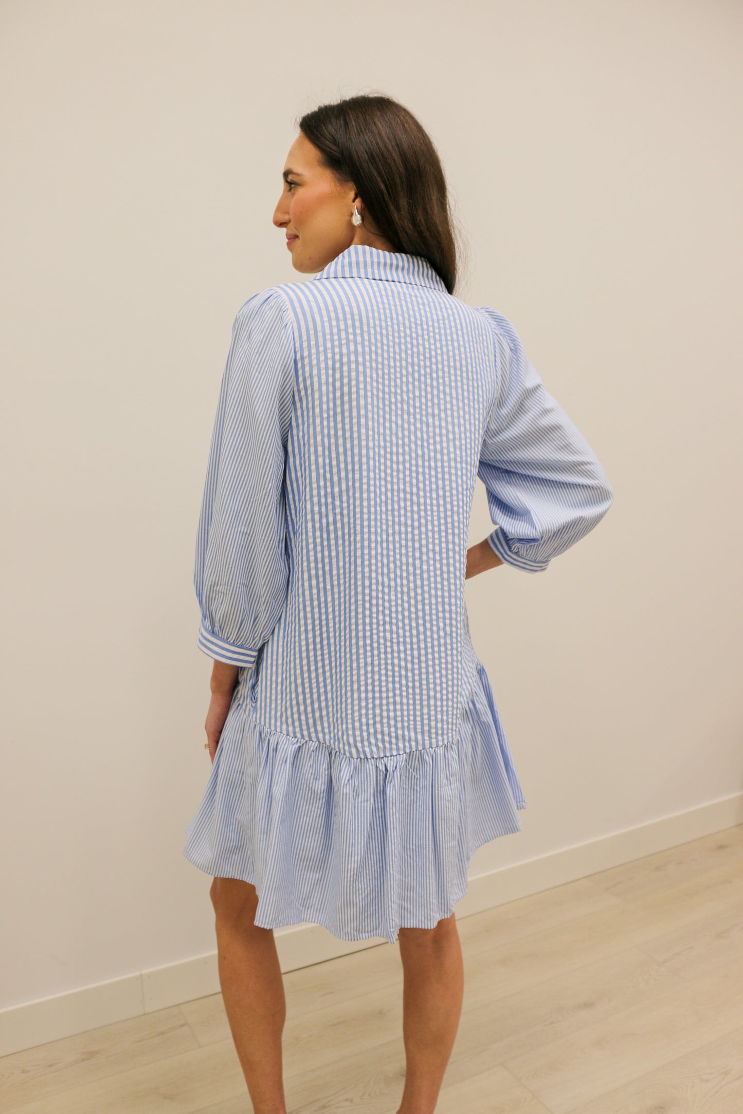 Marybeth Multi Stripe 3/4 Sleeve Collared Mini Dress - Blue