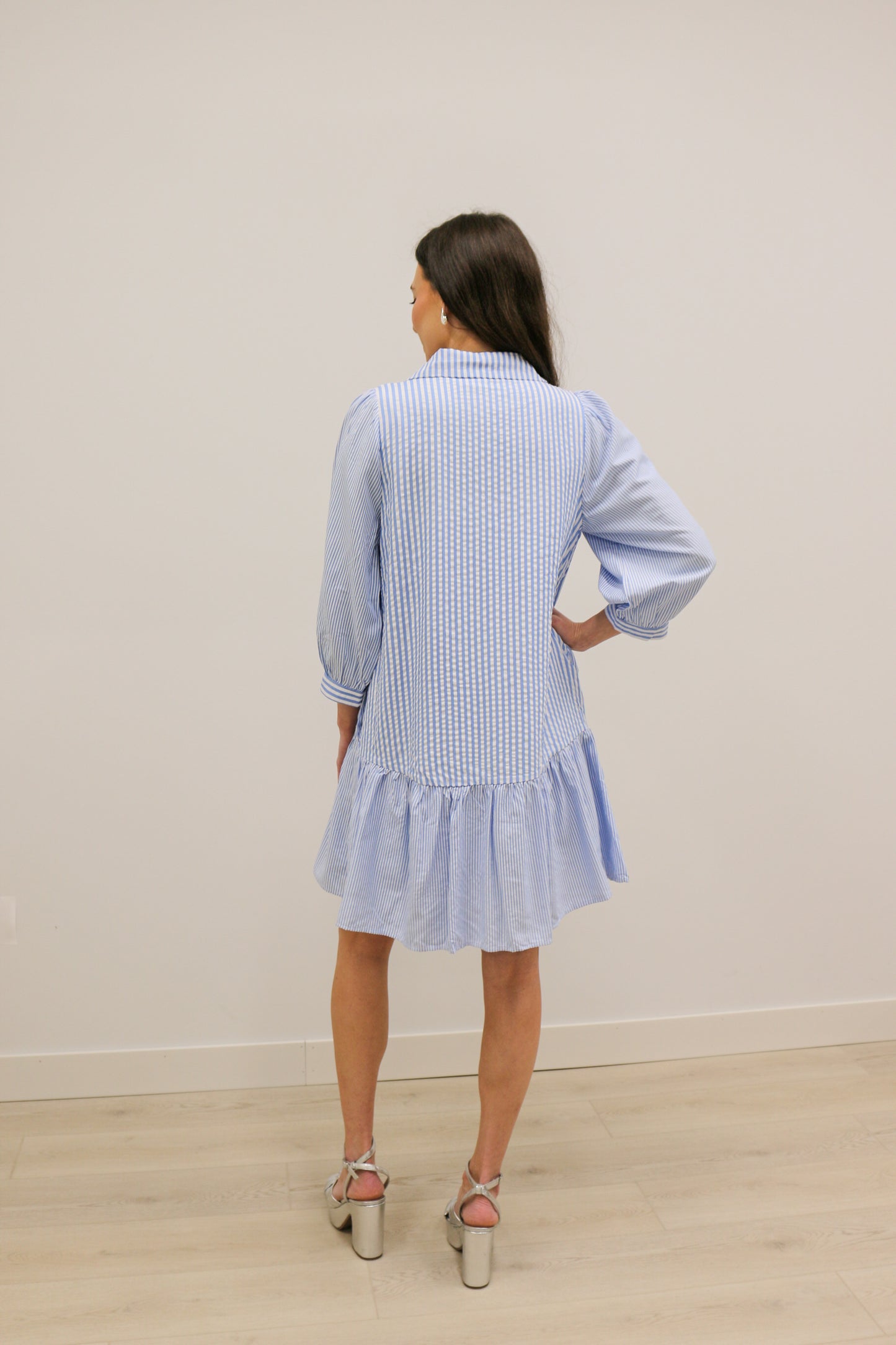 Marybeth Multi Stripe 3/4 Sleeve Collared Mini Dress - Blue