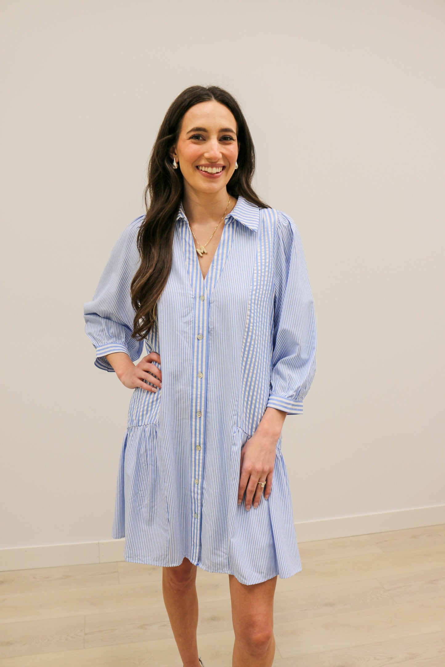 Marybeth Multi Stripe 3/4 Sleeve Collared Mini Dress - Blue