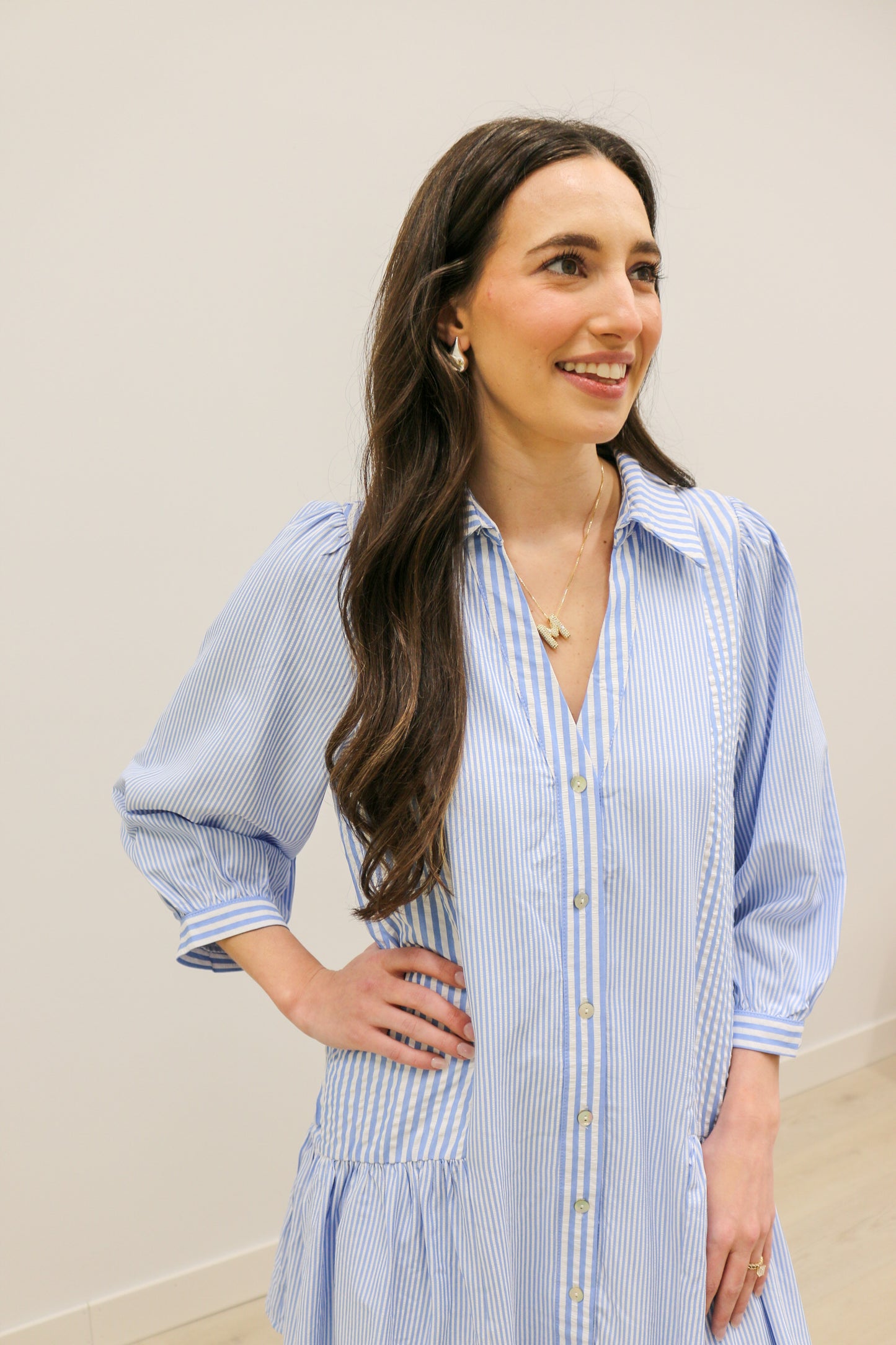 Marybeth Multi Stripe 3/4 Sleeve Collared Mini Dress - Blue