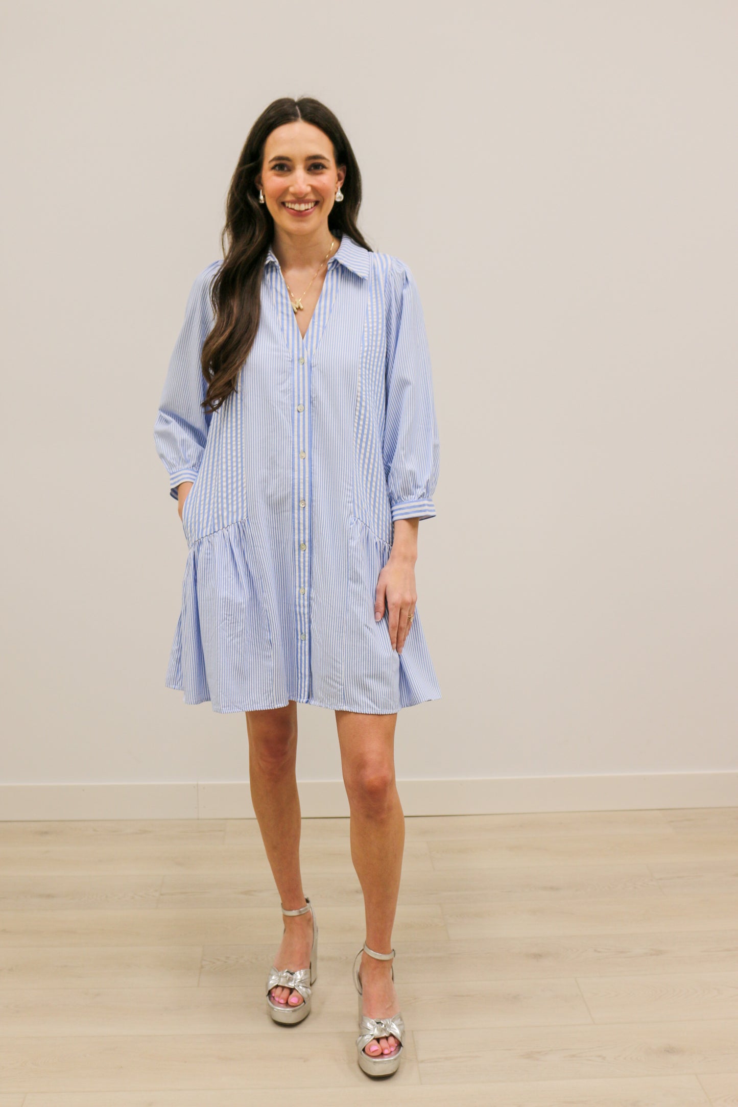 Marybeth Multi Stripe 3/4 Sleeve Collared Mini Dress - Blue